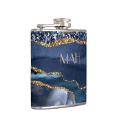 Monogram Blau Goud Glitter Agate Marmer Glam Bling Heupfles (Rechts)