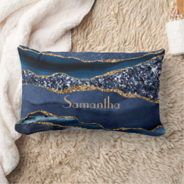 Monogram Blau Goud Glitter Agate Marmer Glam Bling Kussen