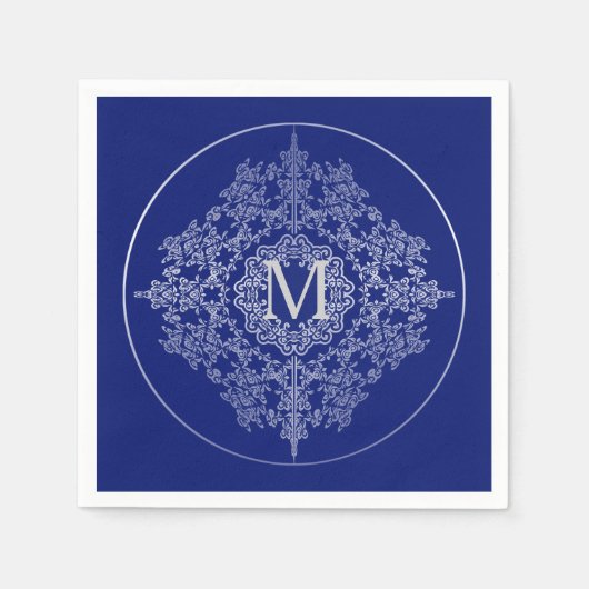 Monogram blau & zilver filigraan motief servetten (Voorkant)