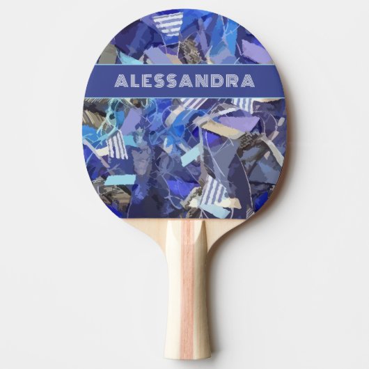 Monogram blauw abstract patroonstreep paarse wit tafeltennisbatje (Voorkant)