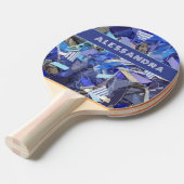 Monogram blauw abstract patroonstreep paarse wit tafeltennisbatje (Voorkant Gekanteld)