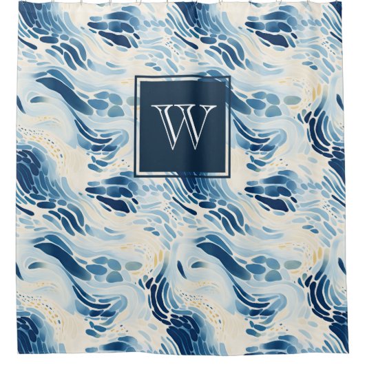 Monogram Blauw Abstract Waves Strandpatroondouche Douchegordijn (Voorkant)