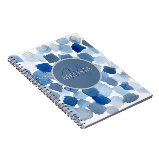 Monogram Blauw Abstracte Waterverf Swatch Notitieb Notitieboek (Rechterzijde)