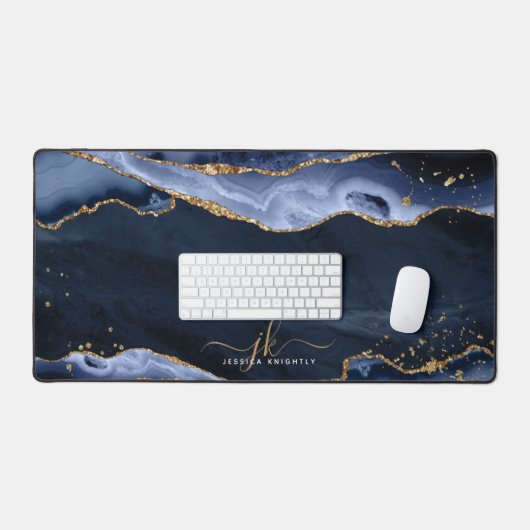 Monogram blauw Agate Geode Gold Glitter-script Bureaumat (Keyboard & Muis)