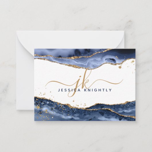 Monogram blauw Agate Geode Gold Glitter-script Notitiekaartje (Voorkant)