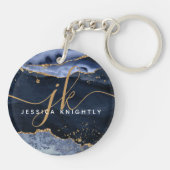 Monogram blauw Agate Geode Gold Glitter-script Sleutelhanger (Achterkant)