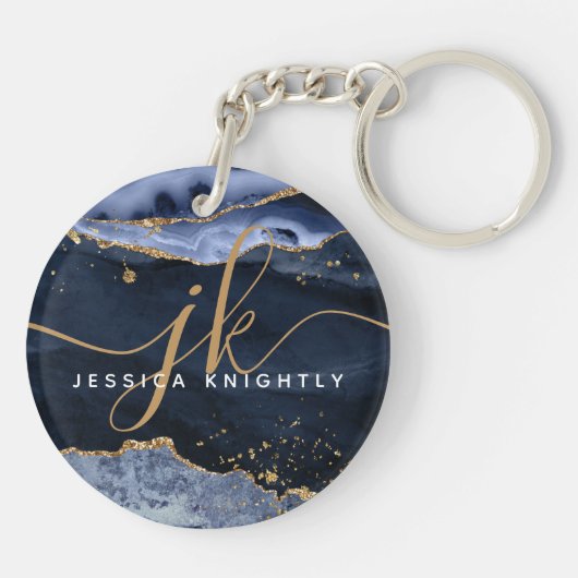 Monogram blauw Agate Geode Gold Glitter-script Sleutelhanger (Achterkant)