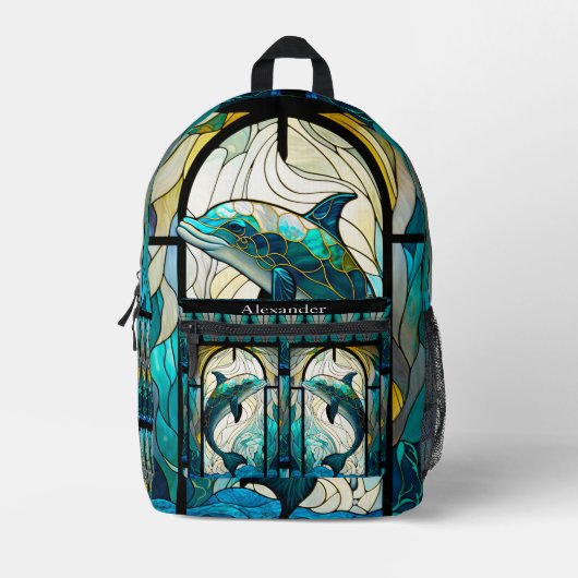 Monogram Blauw Blauwgroen Dolfijn Vlekglas look Bedrukte Rugzak (Voorkant)