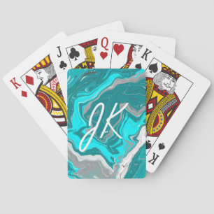 Monogram blauw, Blauwgroen en Turquoise Marble Flu Pokerkaarten