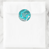 Monogram blauw, Blauwgroen en Turquoise Marble Flu Ronde Sticker (Tas)