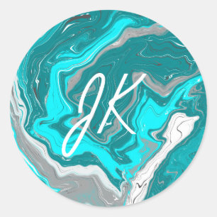 Monogram blauw, Blauwgroen en Turquoise Marble Flu Ronde Sticker