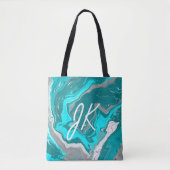 Monogram blauw, Blauwgroen en Turquoise Marble Flu Tote Bag (Voorkant)