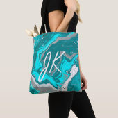 Monogram blauw, Blauwgroen en Turquoise Marble Flu Tote Bag (Dichtbij)