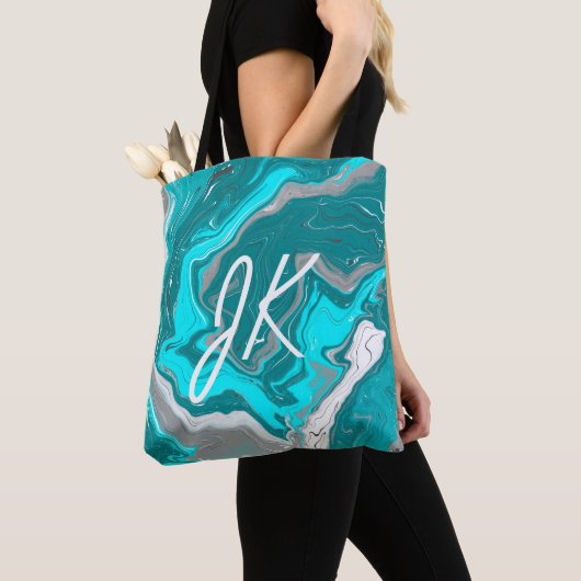 Monogram blauw, Blauwgroen en Turquoise Marble Flu Tote Bag (Dichtbij)