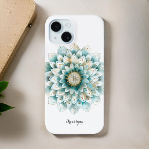 Monogram Blauw Blauwgroen Goud Bloemen Mandala iPhone 15 Case