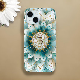 Monogram Blauw Blauwgroen Goud Bloemen Mandala iPhone 15 Case