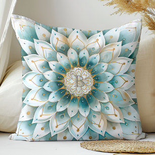 Monogram Blauw Blauwgroen Goud Bloemen Mandala Kussen