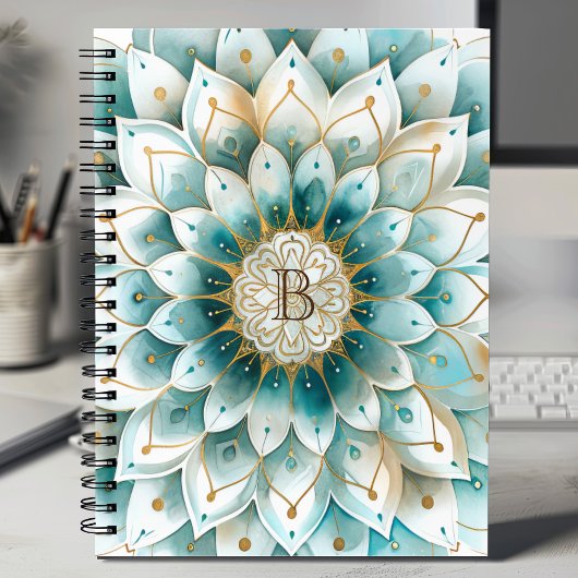 Monogram Blauw Blauwgroen Goud Bloemen Mandala Notitieboek