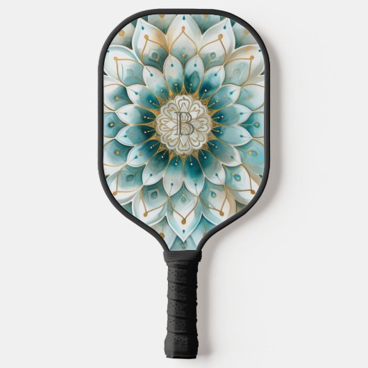 Monogram Blauw Blauwgroen Goud Bloemen Mandala Pickleball Paddle (Achterkant)