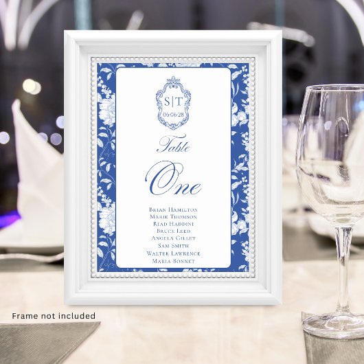 Monogram Blauw Bloem Motief Script Eén 8 Namen Kaart