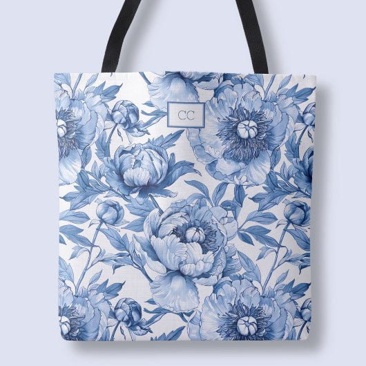 Monogram Blauw Bloemen Bruidsmeisje Bloemen Winkel Tote Bag