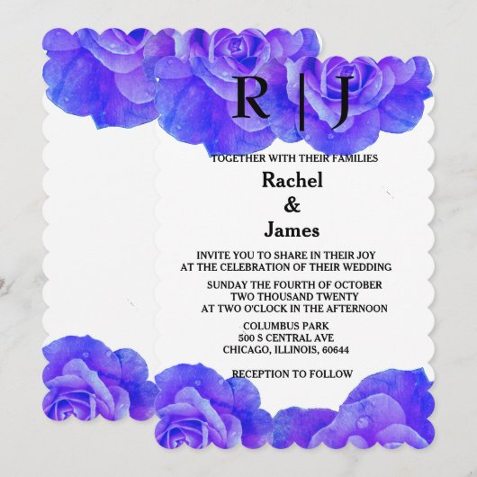 Monogram Blauw Bloemen Roos Bloemen Bloemen Huweli Kaart (Voorkant / Achterkant)