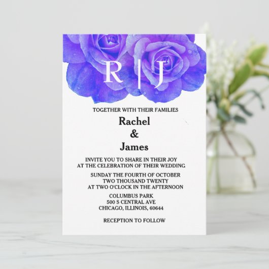 Monogram Blauw Bloemen Roos Elegante Huwelijk Kaart (Staand voorkant)