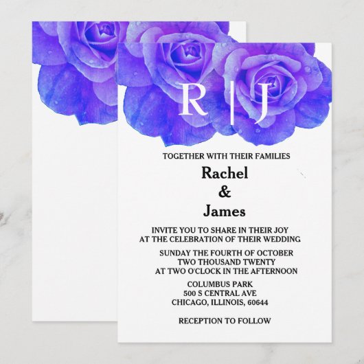 Monogram Blauw Bloemen Roos Elegante Huwelijk Kaart (Voorkant / Achterkant)