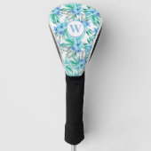 Monogram Blauw Bloemen Tropisch Botanisch Golfheadcover (Voorkant)