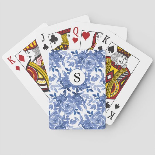 Monogram Blauw Bloemmotief Botanisch Pokerkaarten (Achterkant)