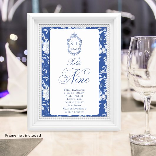 Monogram Blauw Bloemschrift Nine 8 Namen Kaart