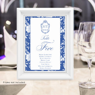 Monogram Blauw Bloemschrift Vijf 8 Namen Kaart