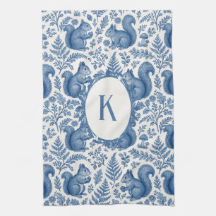 Monogram Blauw Chinoiserie Eekhoorn Bos Theedoek