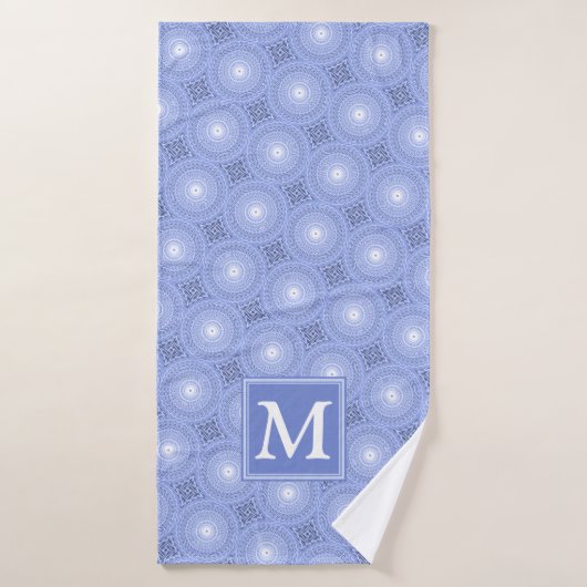 Monogram blauw cirkelpatroon badhanddoek (Badhanddoek)