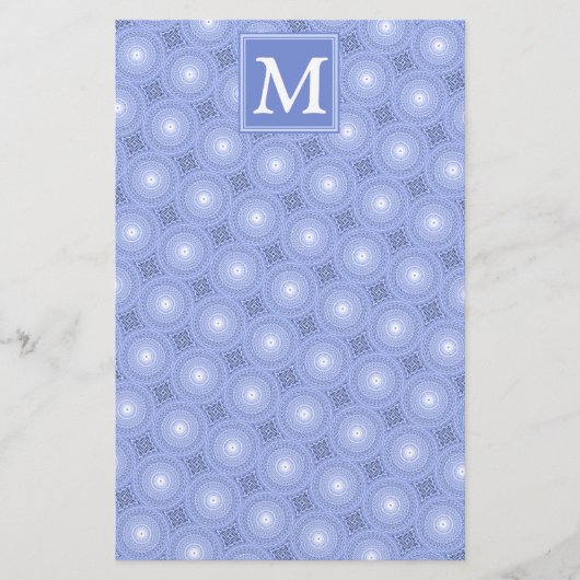 Monogram blauw cirkelpatroon briefpapier (Voorkant)