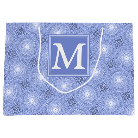 Monogram blauw cirkelpatroon groot cadeauzakje (Voorkant)