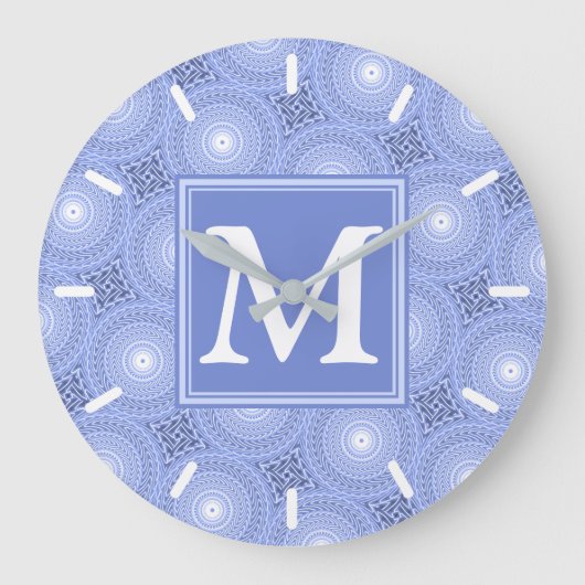 Monogram blauw cirkelpatroon grote klok (Voorkant)