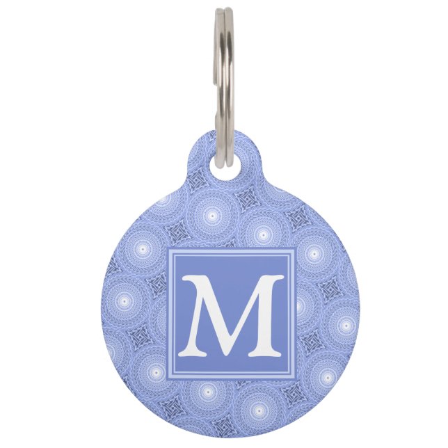 Monogram blauw cirkelpatroon huisdierpenning (Voorkant)
