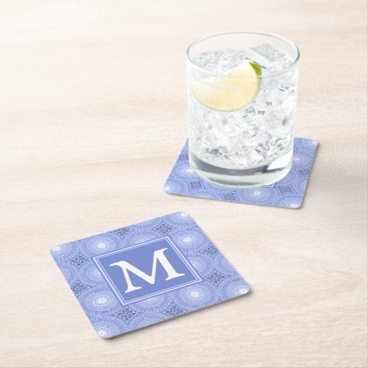 Monogram blauw cirkelpatroon kartonnen onderzetters (Insitu)