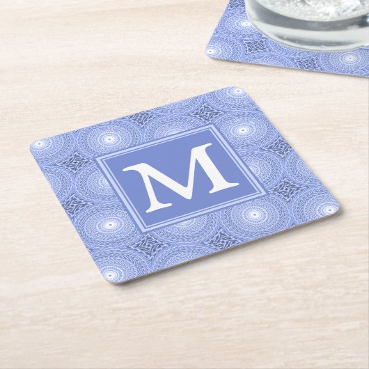 Monogram blauw cirkelpatroon kartonnen onderzetters (Schuin)