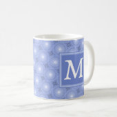 Monogram blauw cirkelpatroon koffiemok (Voorkant rechts)