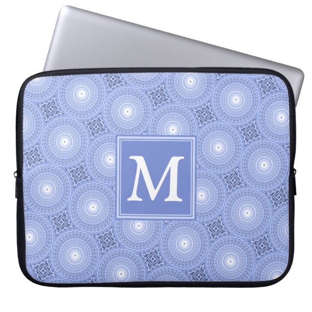 Monogram blauw cirkelpatroon laptop sleeve (Voorkant)