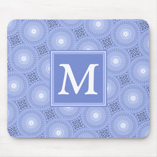 Monogram blauw cirkelpatroon muismat (Voorkant)