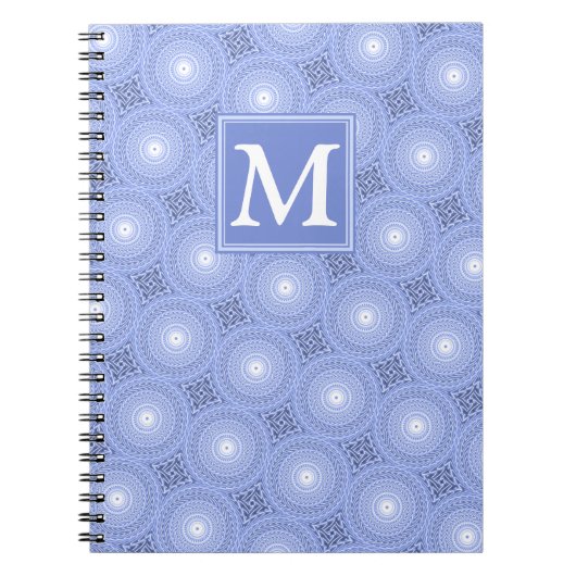 Monogram blauw cirkelpatroon notitieboek (Voorkant)