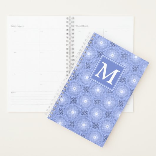 Monogram blauw cirkelpatroon planner (Display)