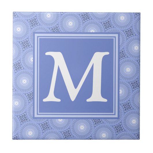 Monogram blauw cirkelpatroon tegeltje (Voorkant)