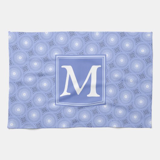 Monogram blauw cirkelpatroon theedoek (Horizontaal)