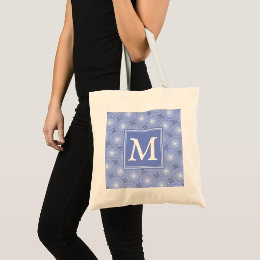 Monogram blauw cirkelpatroon tote bag (Voorkant (product))