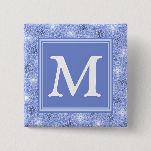 Monogram blauw cirkelpatroon vierkante button 5,1 cm (Voorkant)