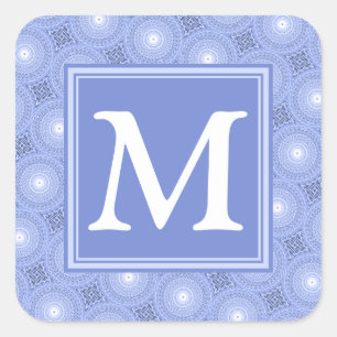 Monogram blauw cirkelpatroon vierkante sticker